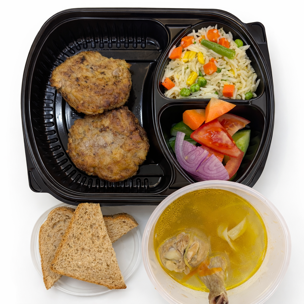 Chicken soup, beef patties
