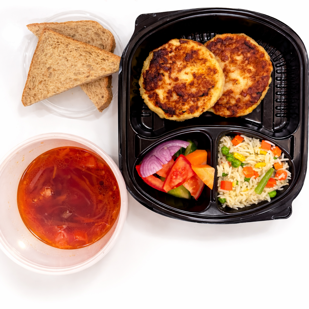 Borscht, chicken patties